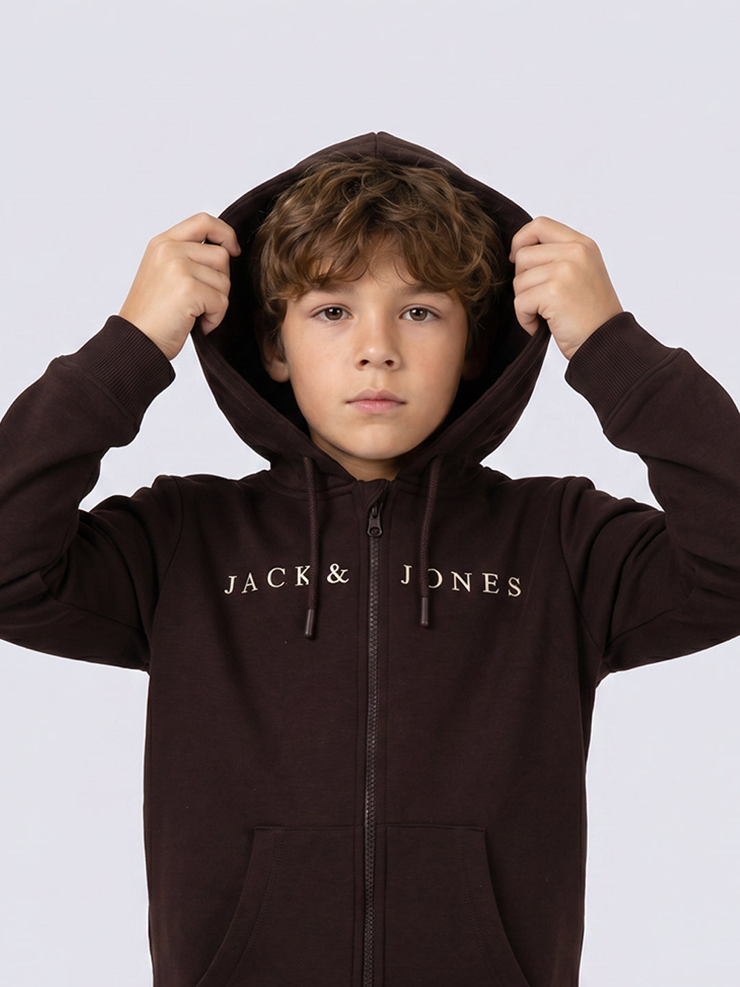 Logo Print Zip Up Hoodie for Boys Chocolate Fondant