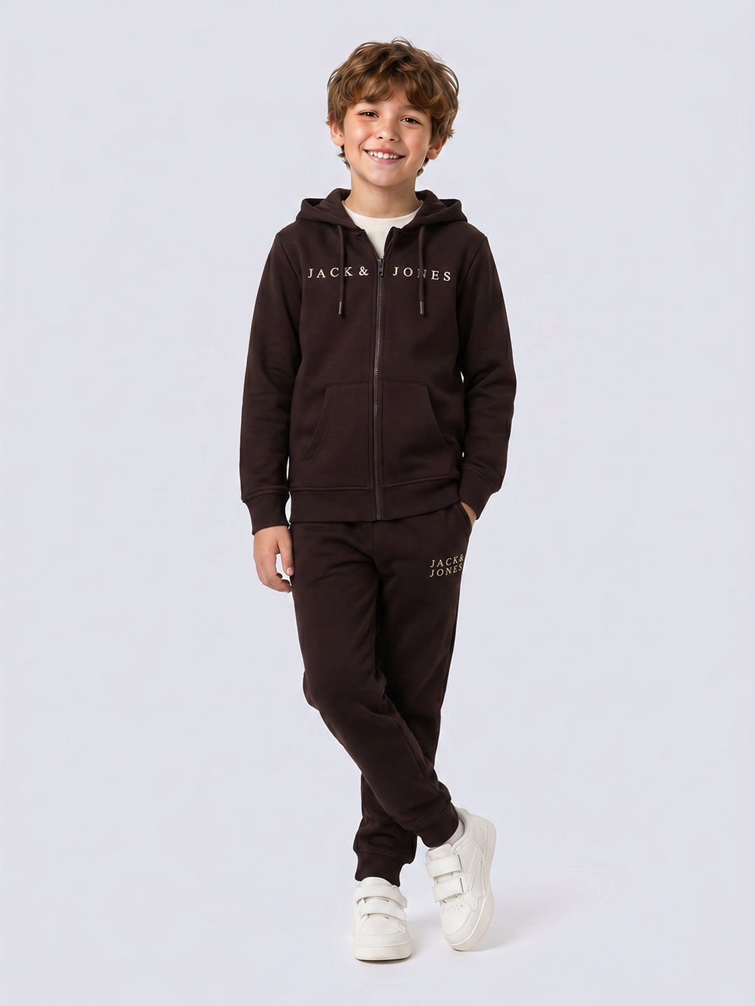 Logo Print Zip Up Hoodie for Boys Chocolate Fondant