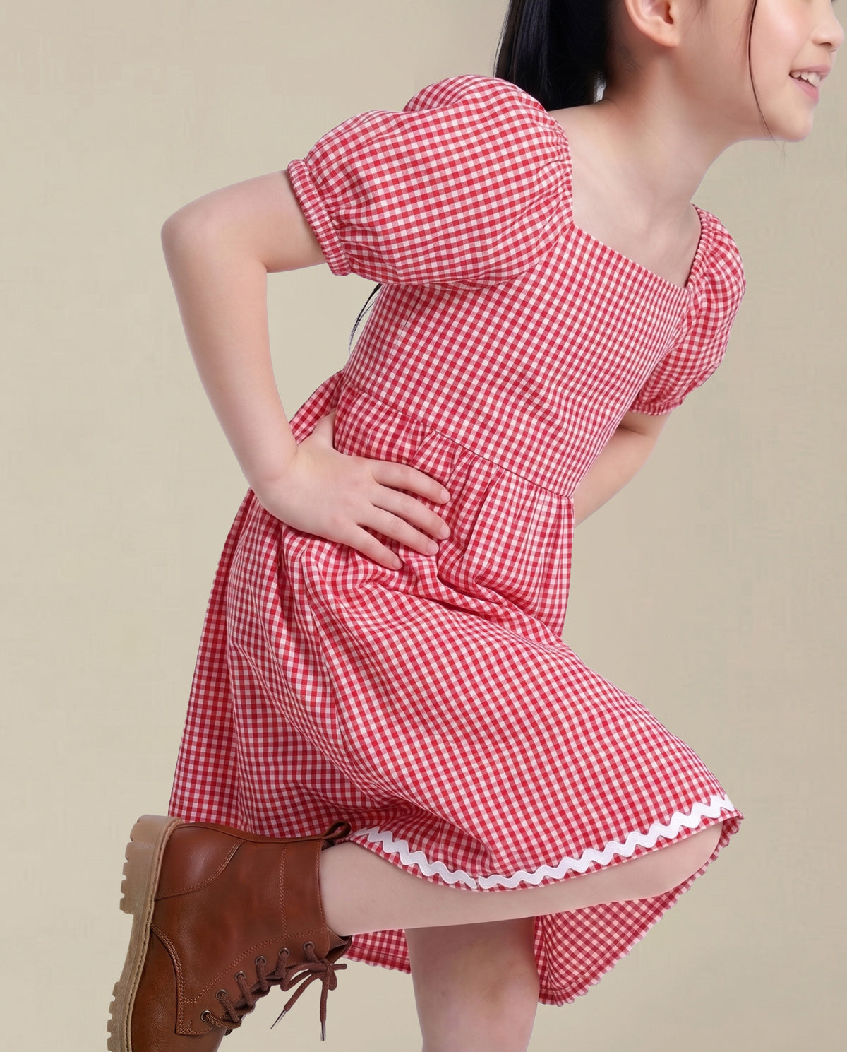 Girls Adrenaline Rush Red Checked Regular-Fit Cotton Dress