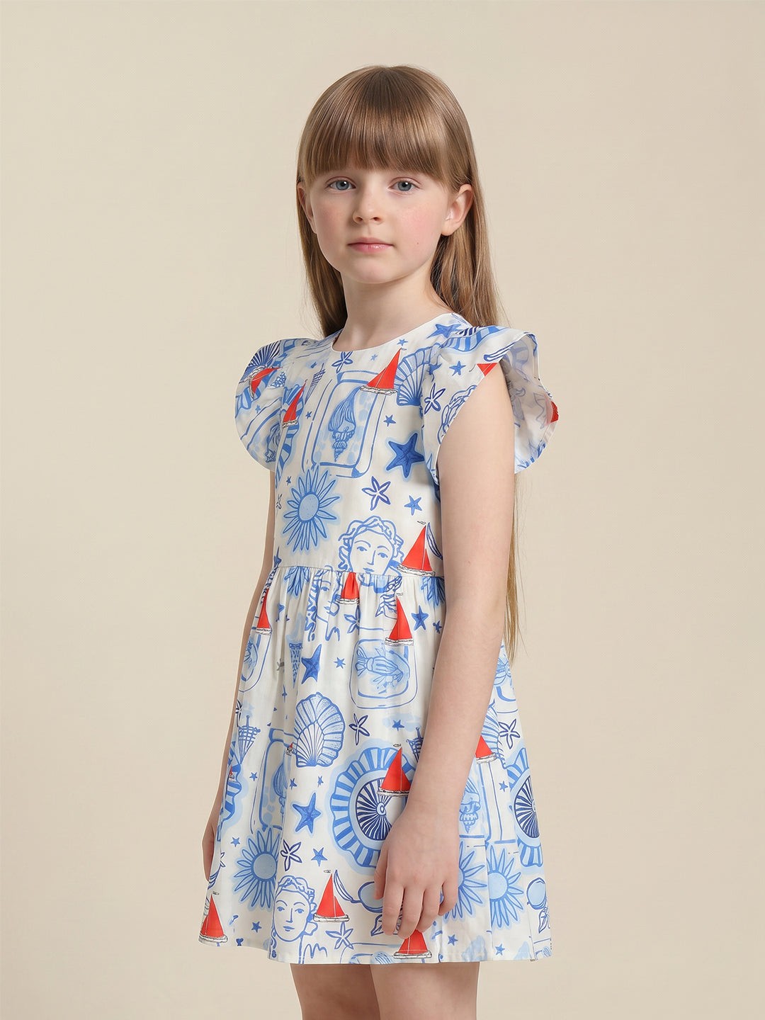 Girls Cloud Dancer Solid Regular Fit Cotton Dress