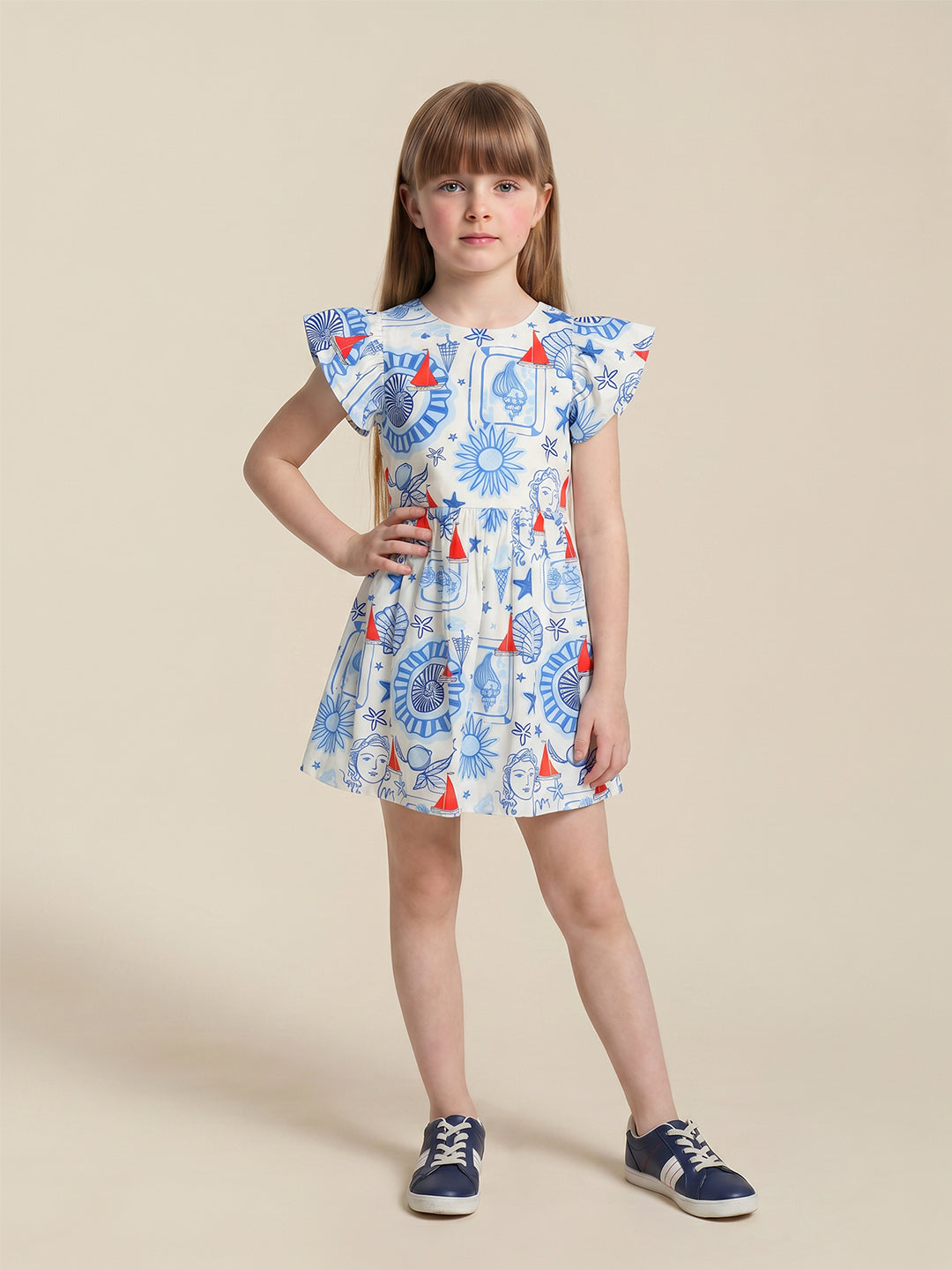 Girls Cloud Dancer Solid Regular Fit Cotton Dress