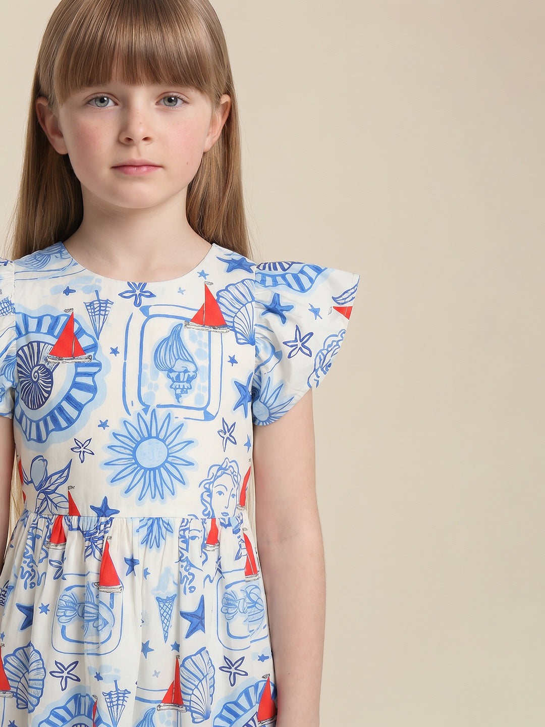 Girls Cloud Dancer Solid Regular Fit Cotton Dress