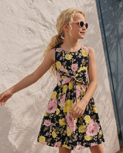 Girls Jet Black Floral Fit & Flare 100% Cotton Dress