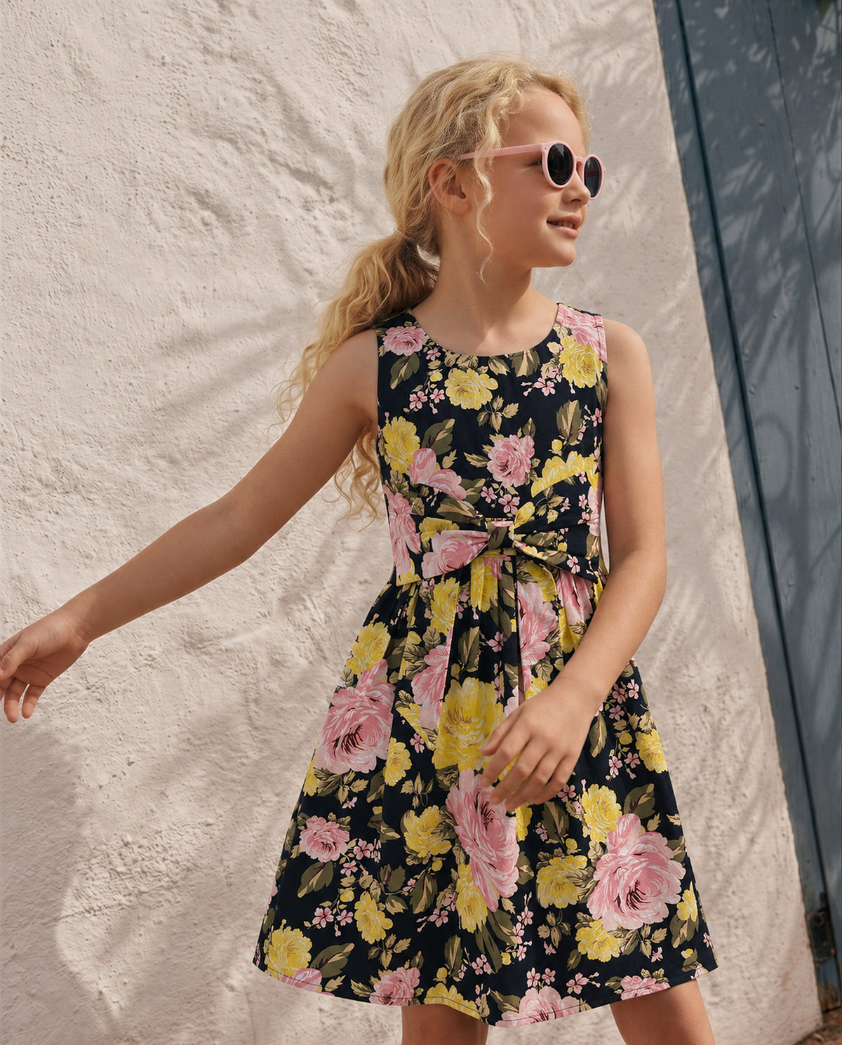 Girls Jet Black Floral Fit & Flare 100% Cotton Dress