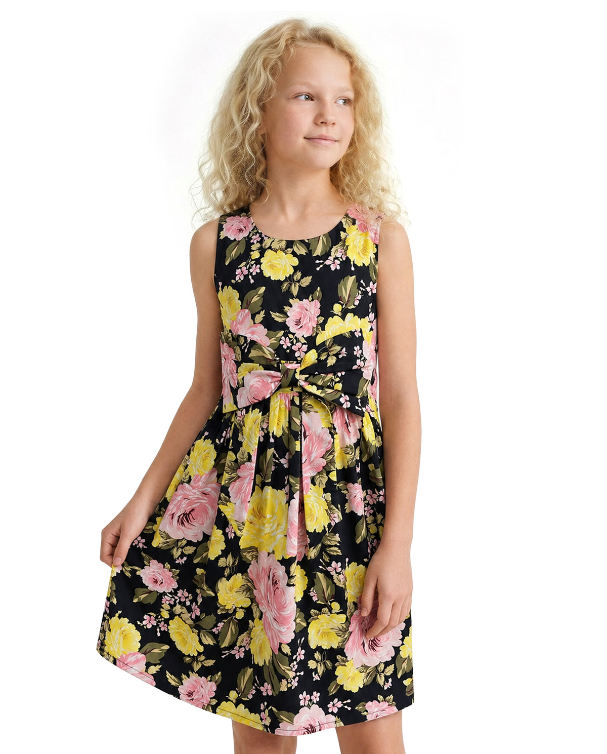 Girls Jet Black Floral Fit & Flare 100% Cotton Dress