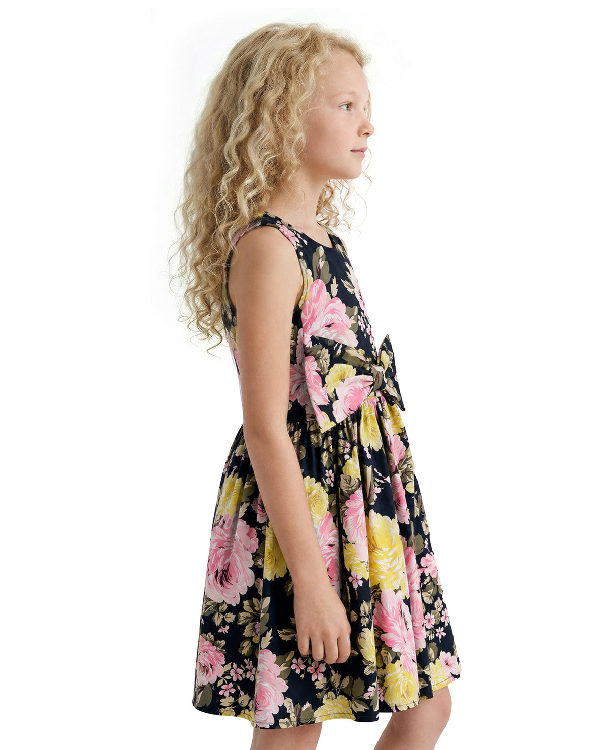 Girls Jet Black Floral Fit & Flare 100% Cotton Dress