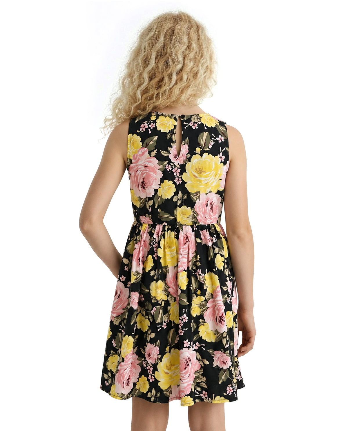 Girls Jet Black Floral Fit & Flare 100% Cotton Dress