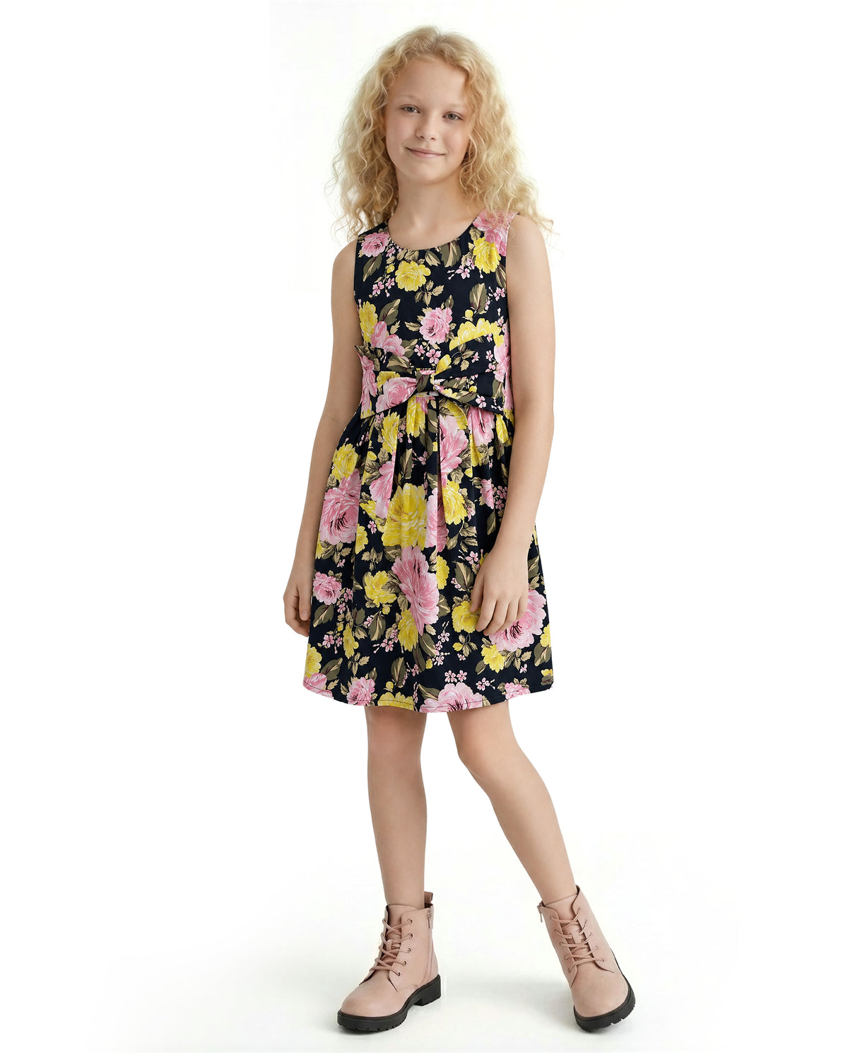 Girls Jet Black Floral Fit & Flare 100% Cotton Dress
