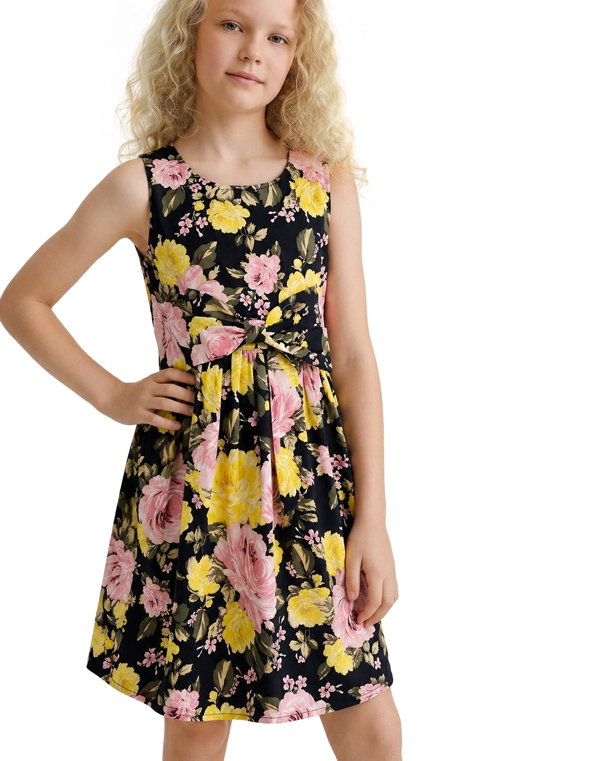 Girls Jet Black Floral Fit & Flare 100% Cotton Dress
