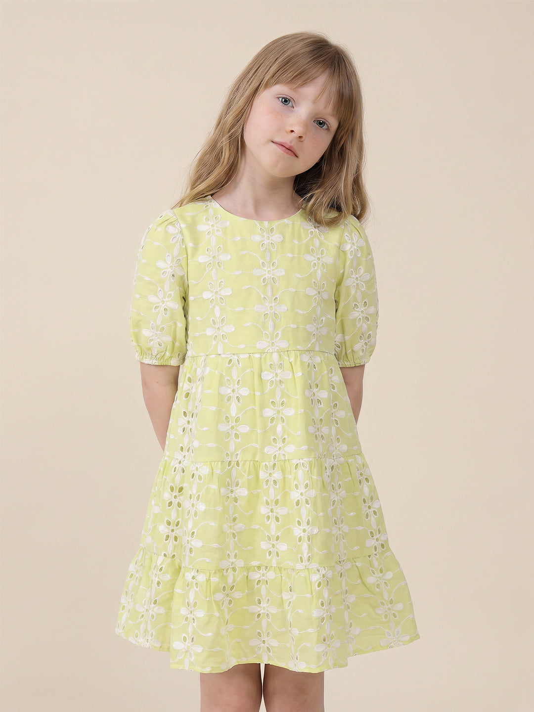 Girls Celery Solid Regular Fit Cotton Dress