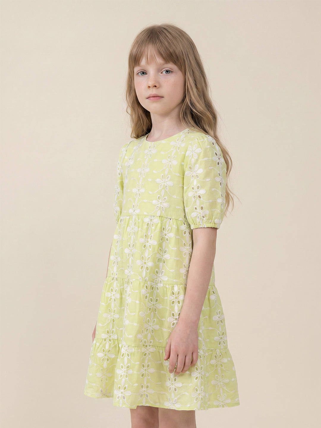 Girls Celery Solid Regular Fit Cotton Dress