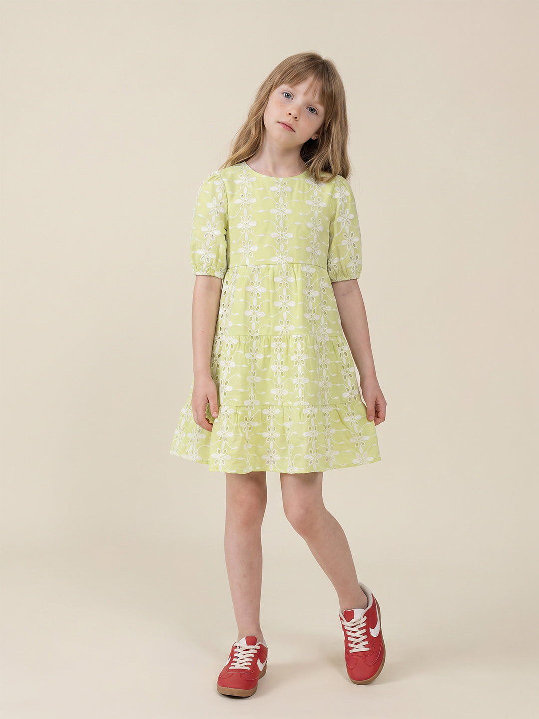 Girls Celery Solid Regular Fit Cotton Dress