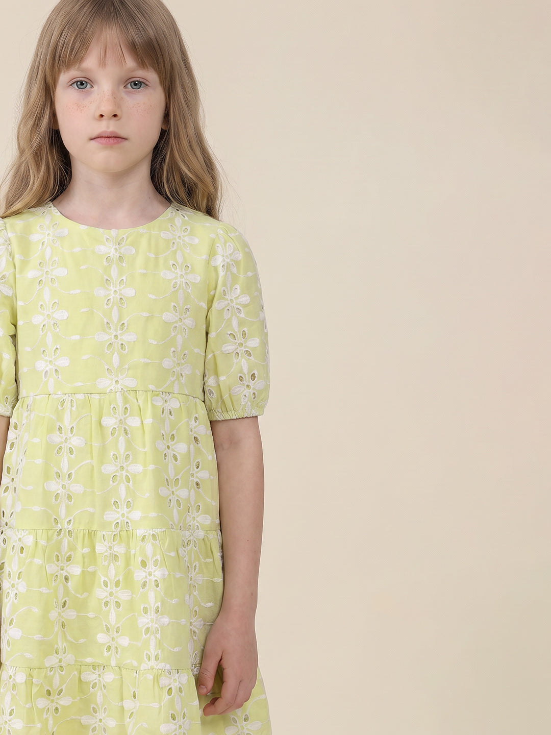 Girls Celery Solid Regular Fit Cotton Dress