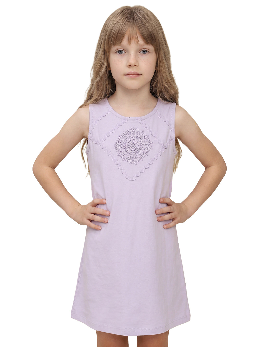 Girls Sheer Lilac Solid Fit & Flare 100% Cotton Dress