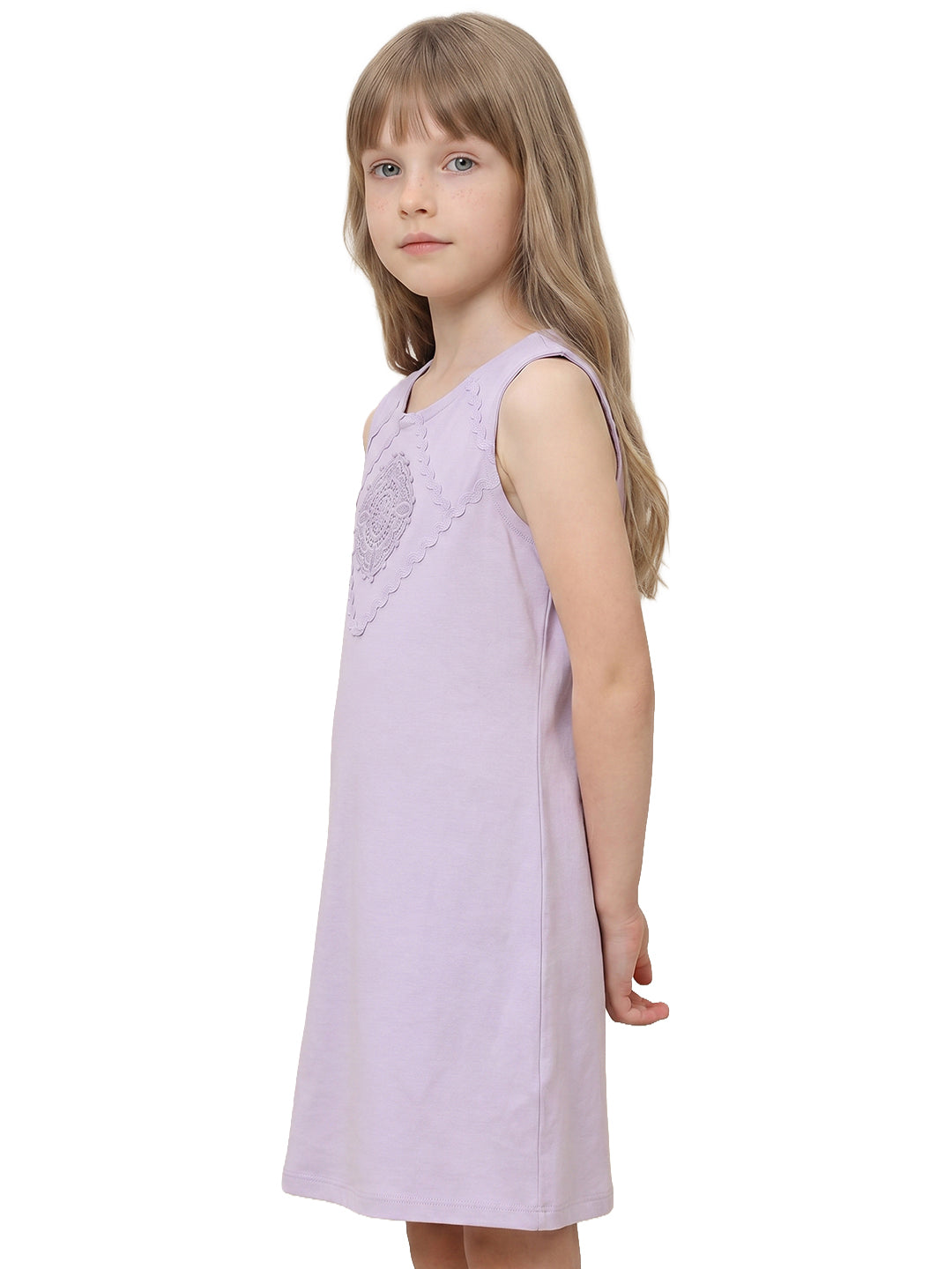 Girls Sheer Lilac Solid Fit & Flare 100% Cotton Dress