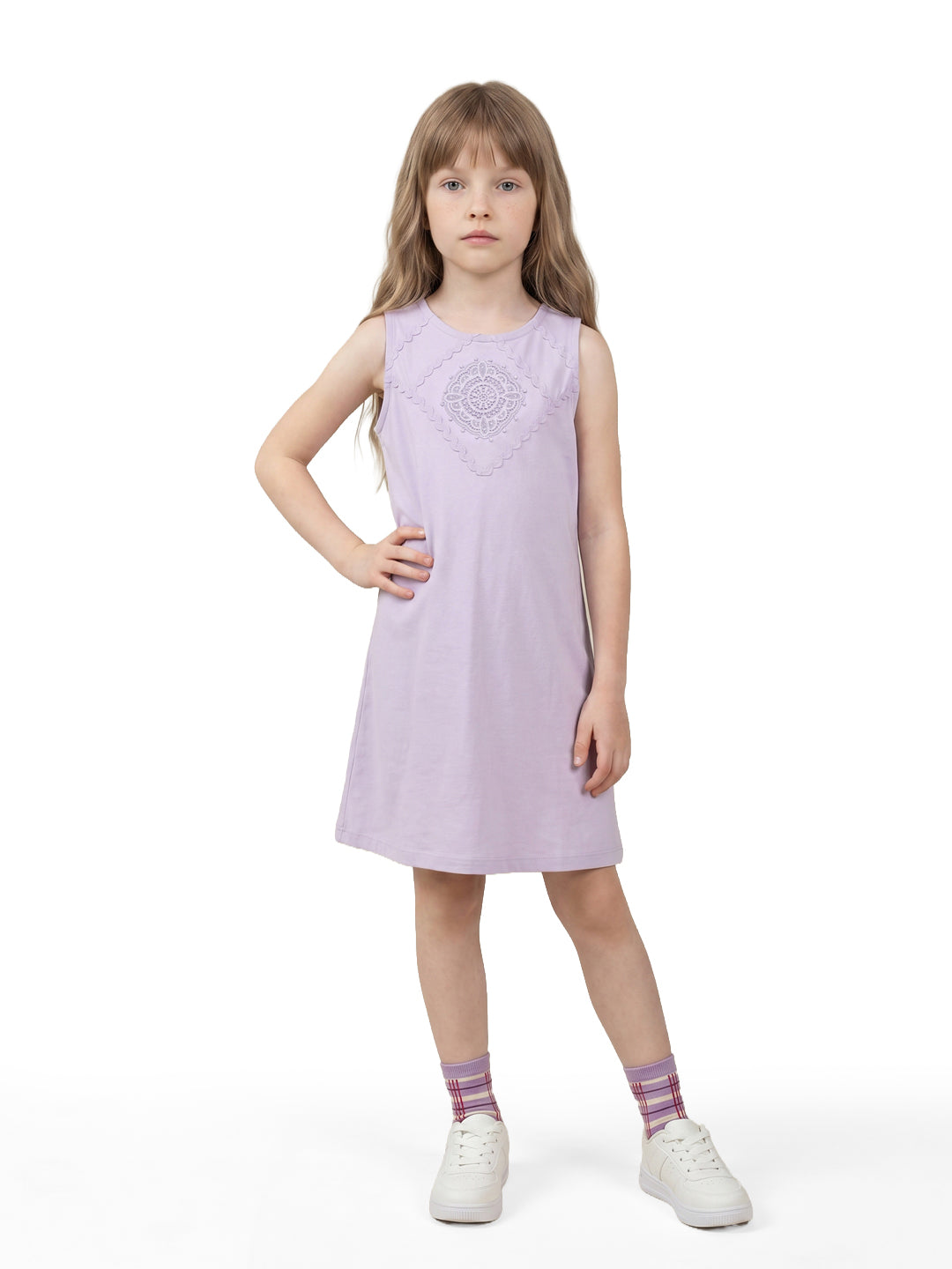 Girls Sheer Lilac Solid Fit & Flare 100% Cotton Dress