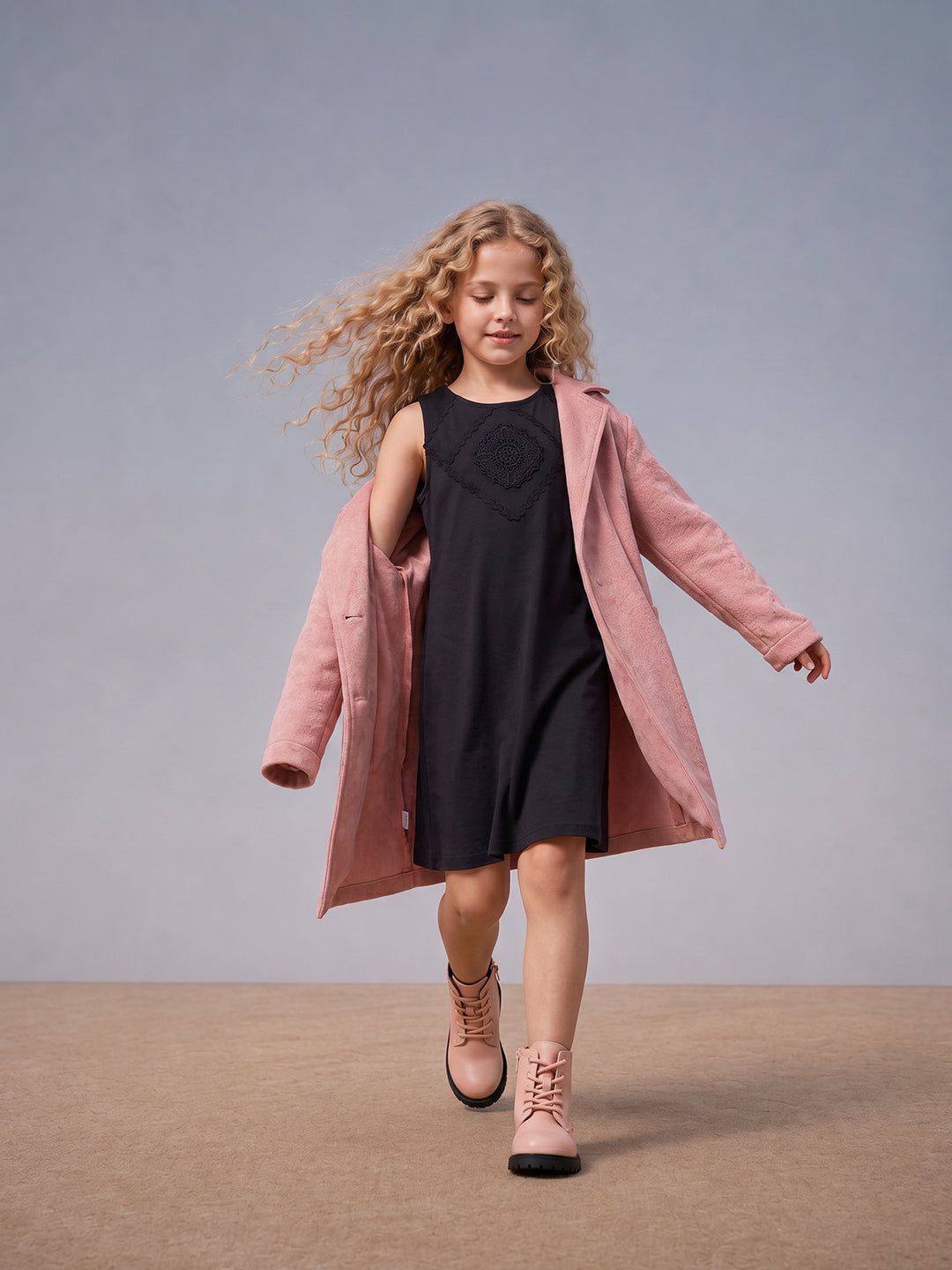 Girls Jet Black Solid Fit & Flare 100% Cotton Dress
