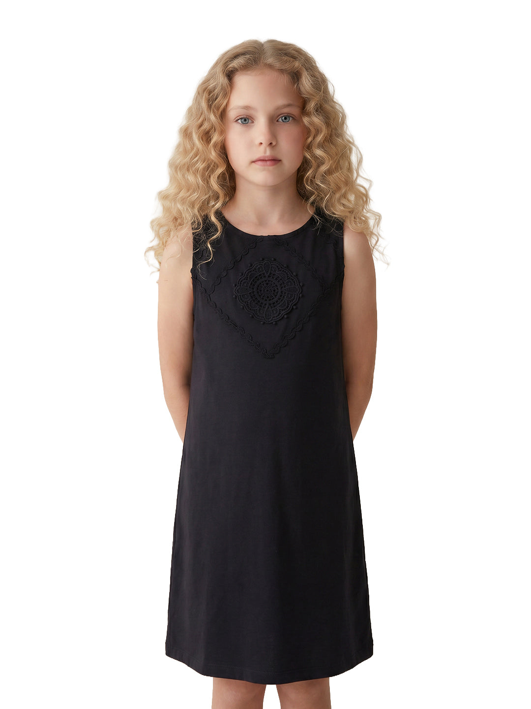 Girls Jet Black Solid Fit & Flare 100% Cotton Dress