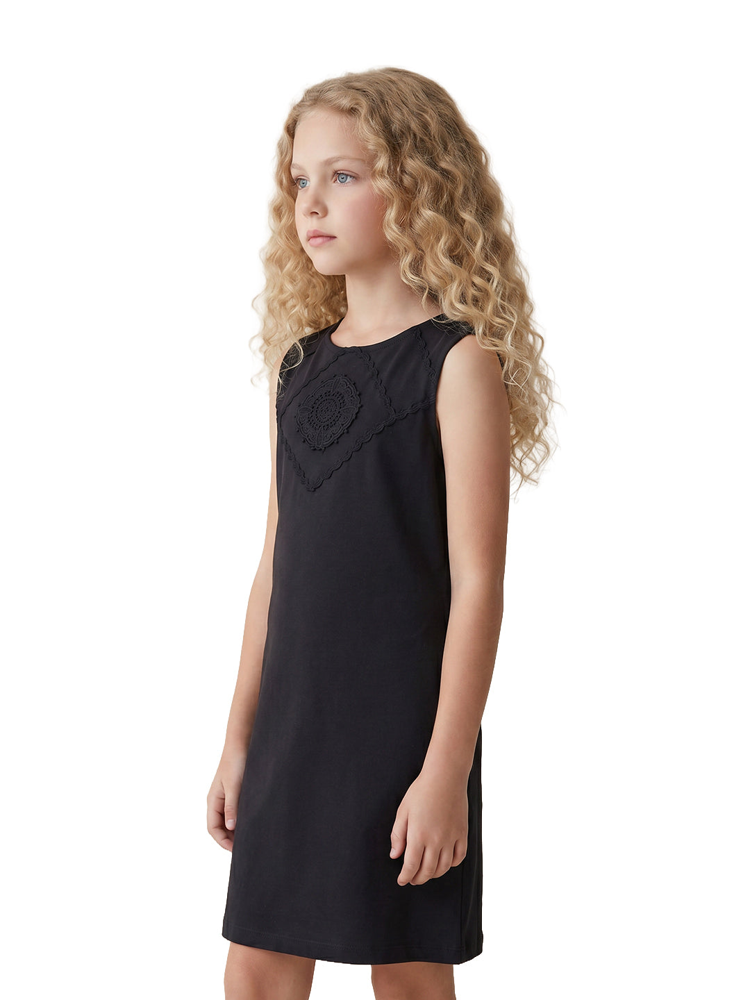 Girls Jet Black Solid Fit & Flare 100% Cotton Dress