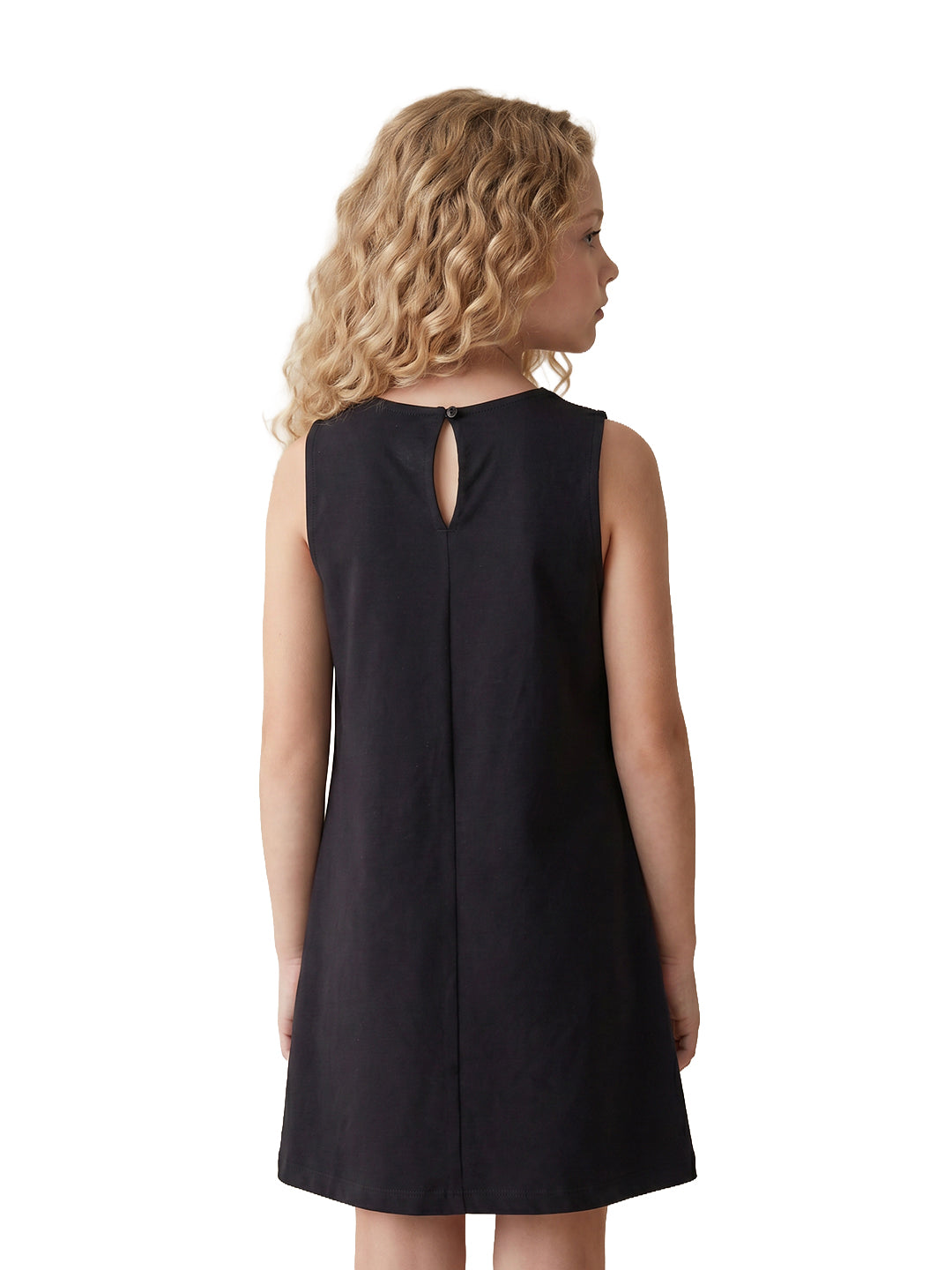 Girls Jet Black Solid Fit & Flare 100% Cotton Dress