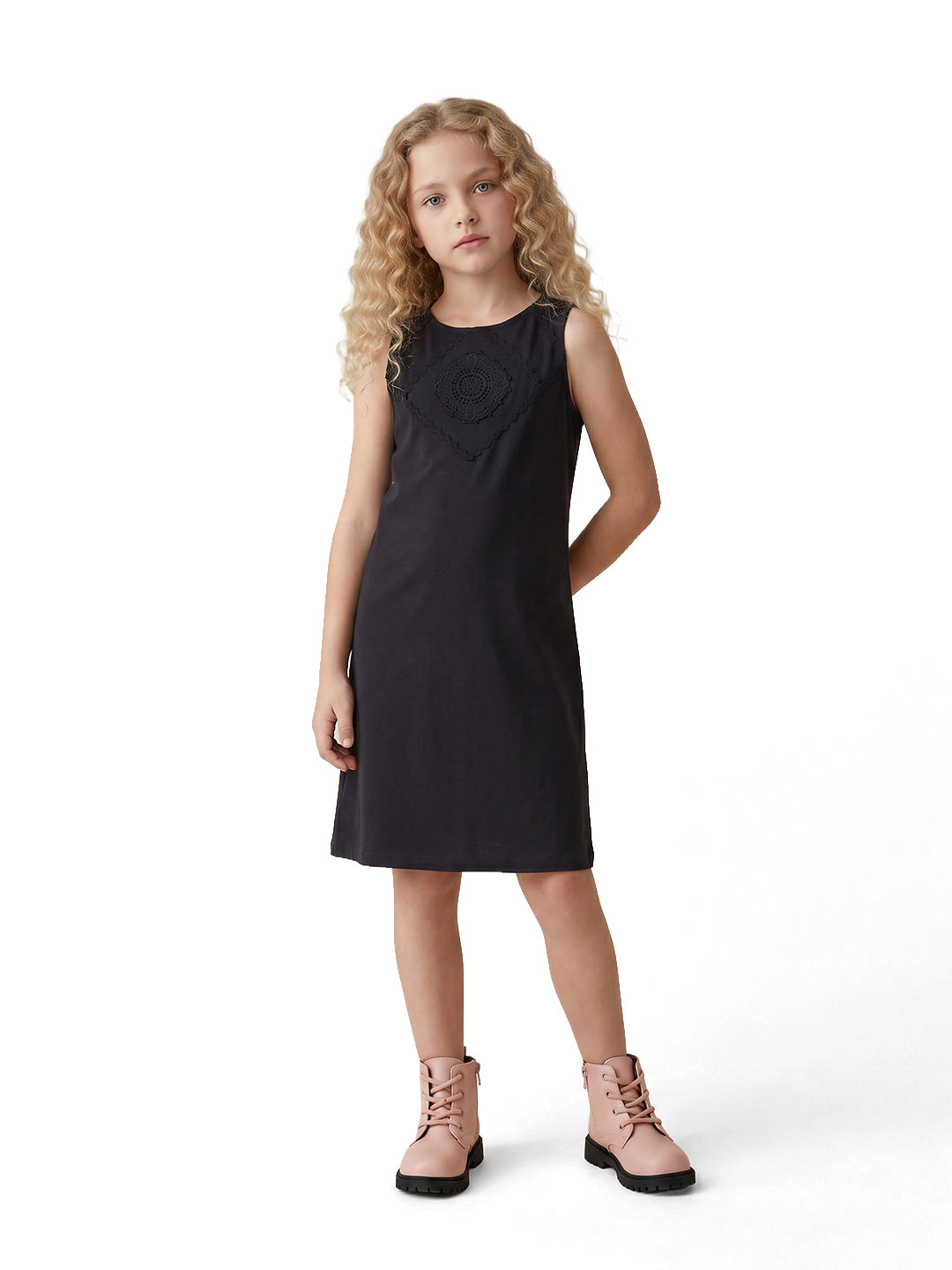 Girls Jet Black Solid Fit & Flare 100% Cotton Dress