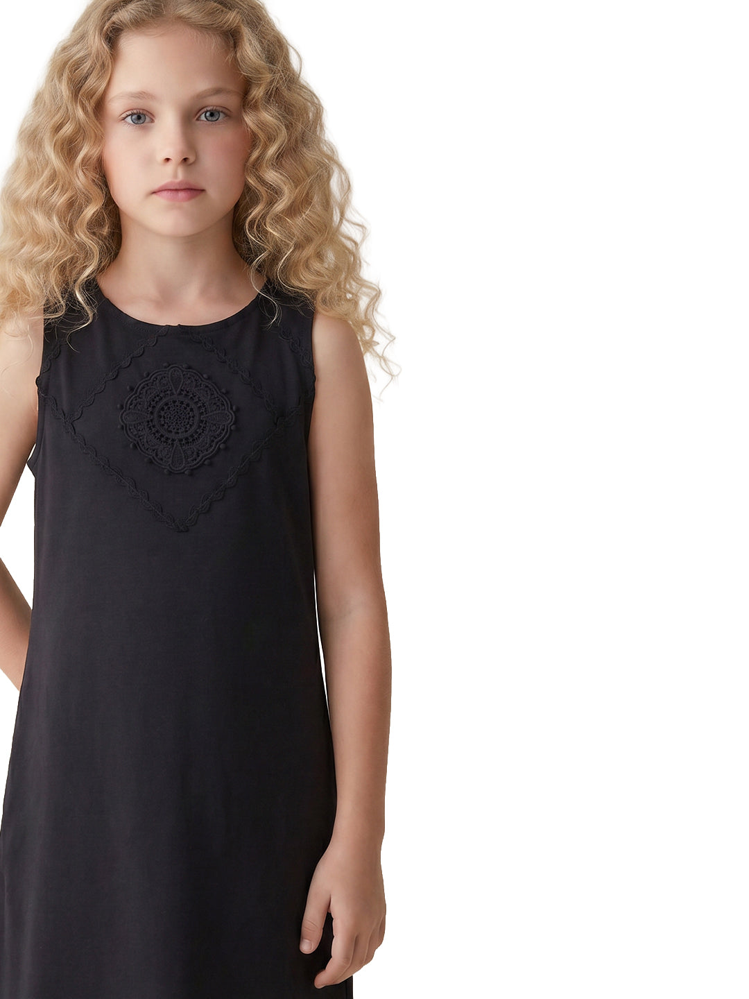 Girls Jet Black Solid Fit & Flare 100% Cotton Dress