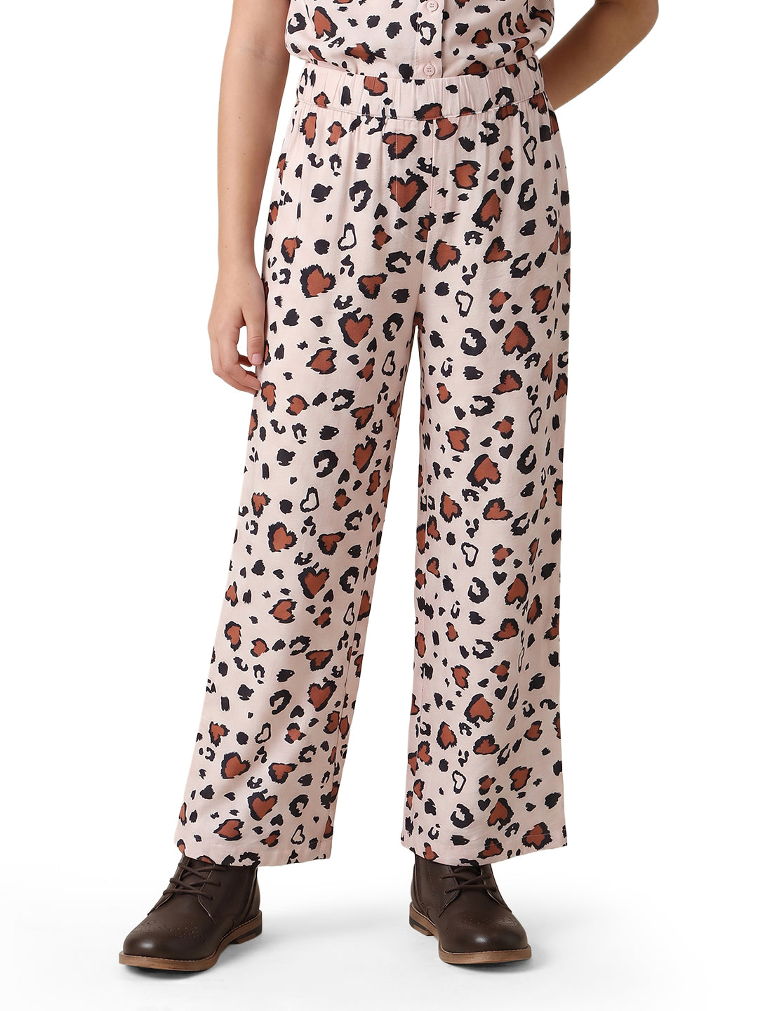 Girls Ecru Abstract Regular-Fit Viscose Blend Pants
