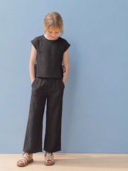 Girls Black Striped Regular-Fit Polyester Pants