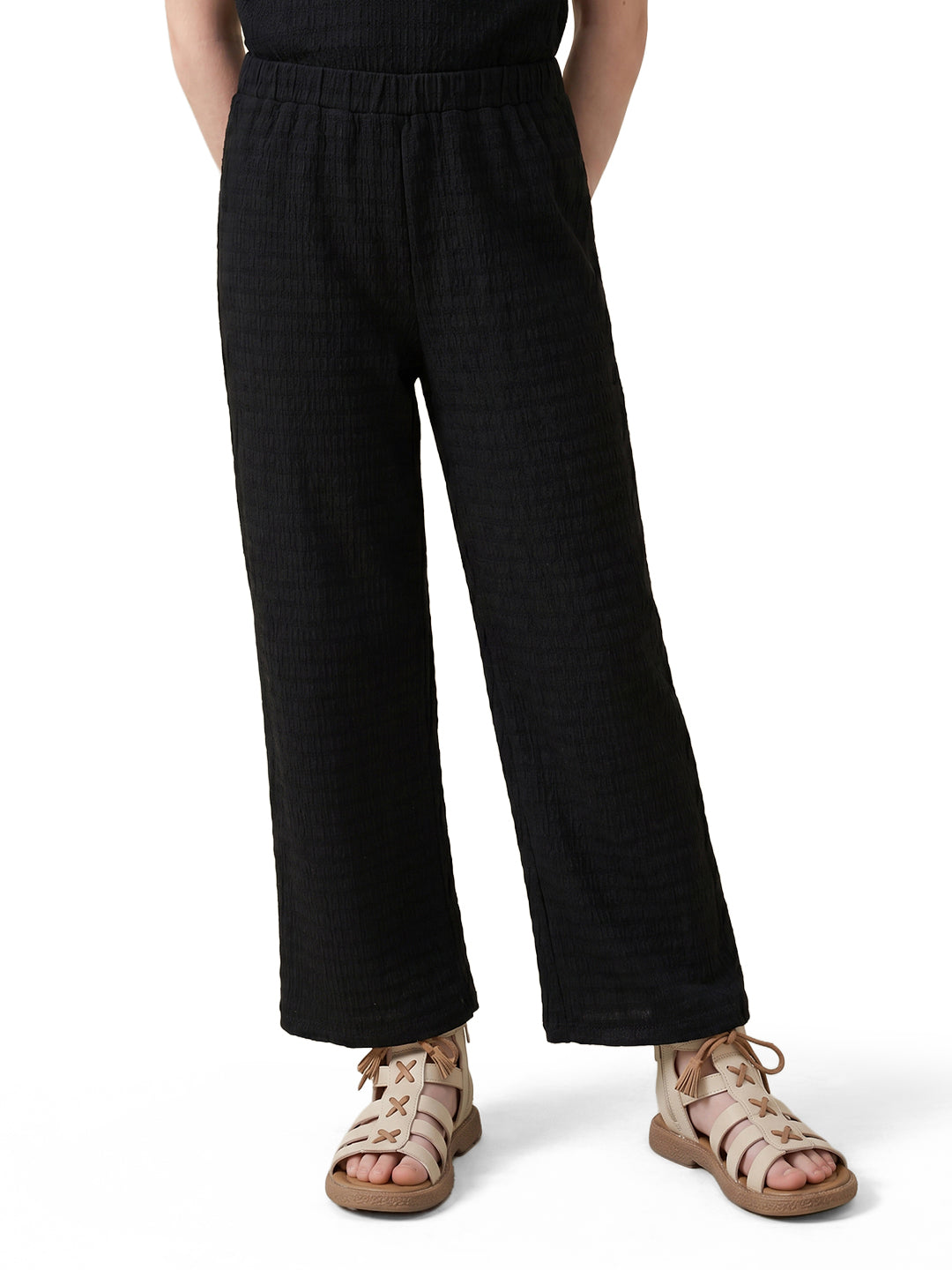 Girls Black Striped Regular-Fit Polyester Pants