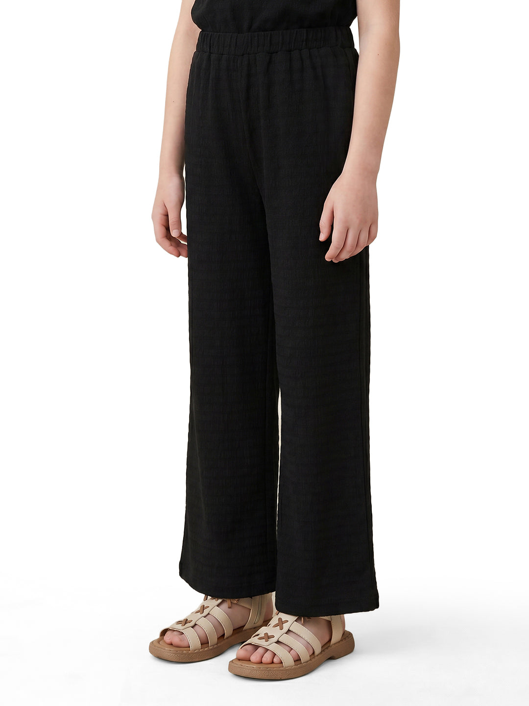 Girls Black Striped Regular-Fit Polyester Pants