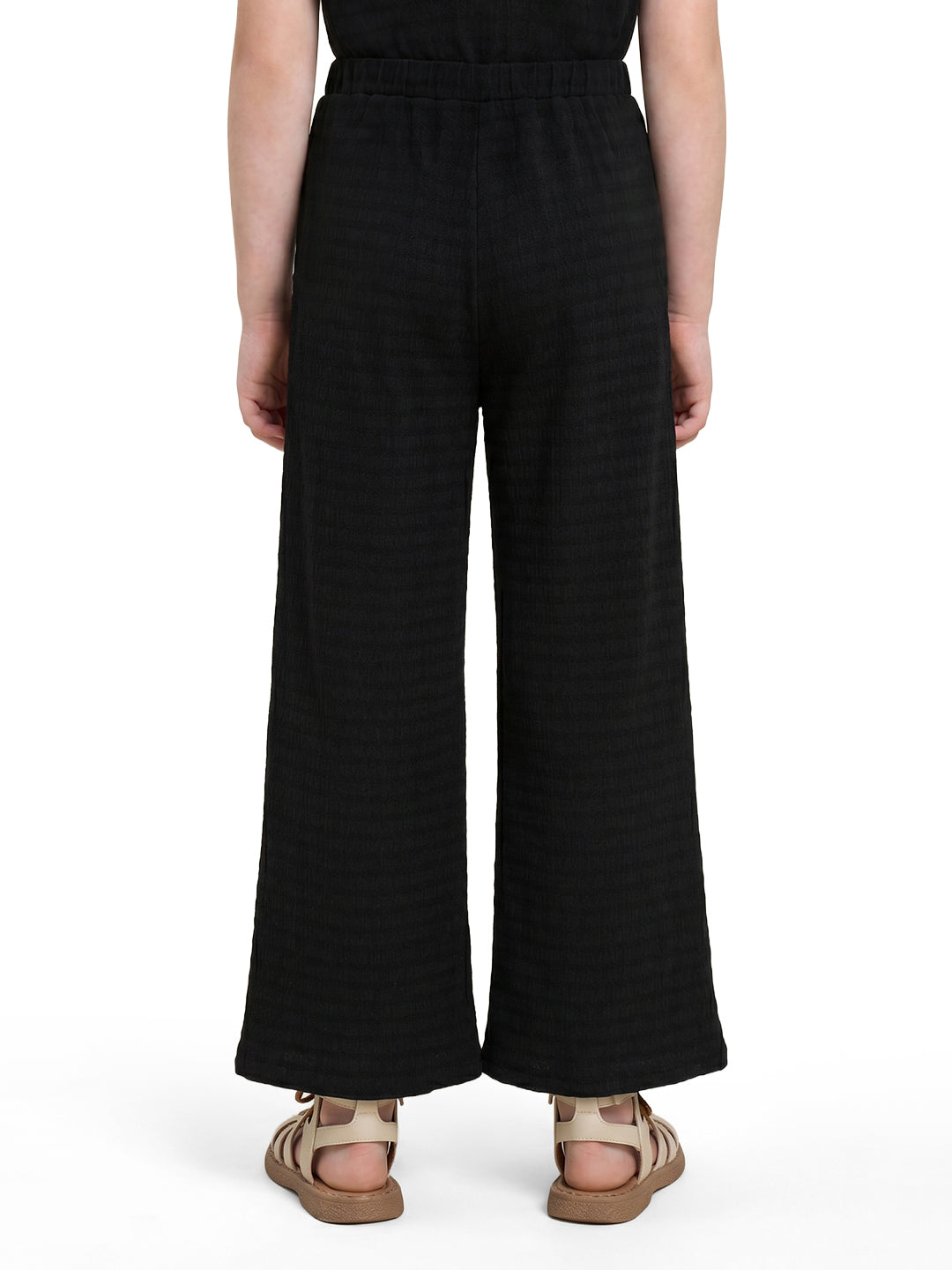 Girls Black Striped Regular-Fit Polyester Pants