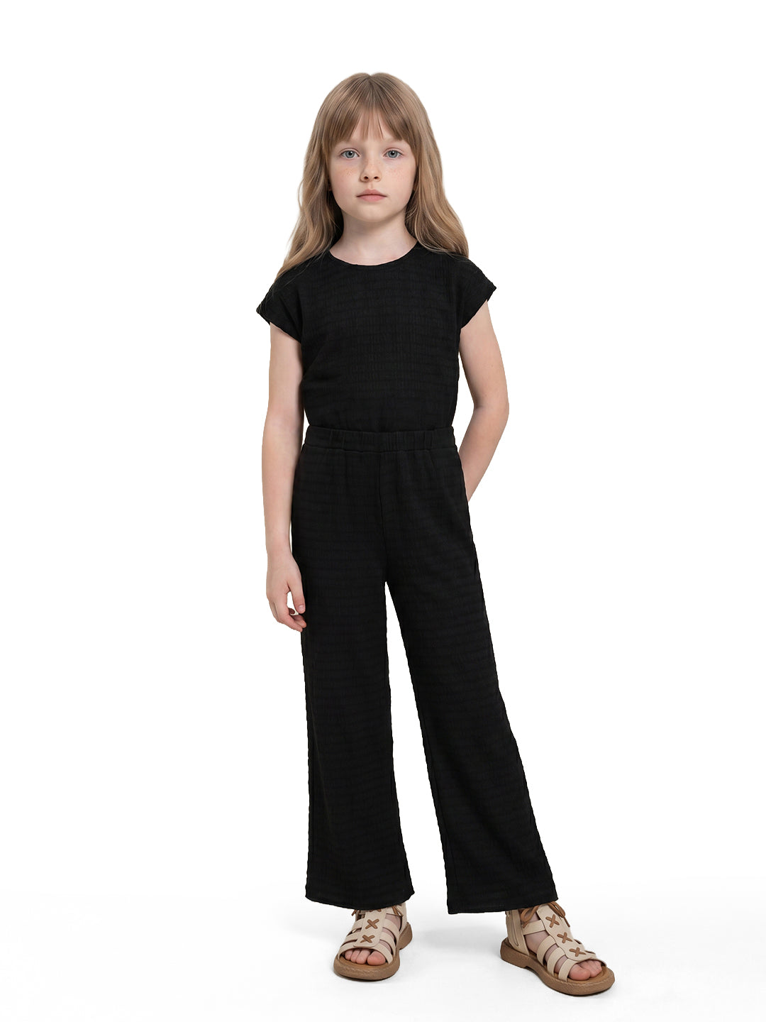 Girls Black Striped Regular-Fit Polyester Pants