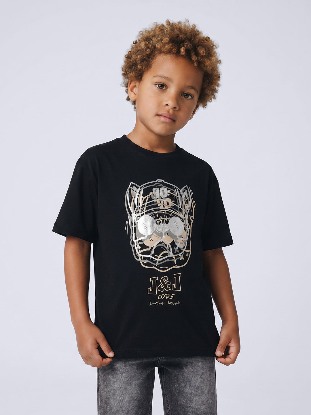 Foil Print Cotton T-Shirt for Boys Jet Black