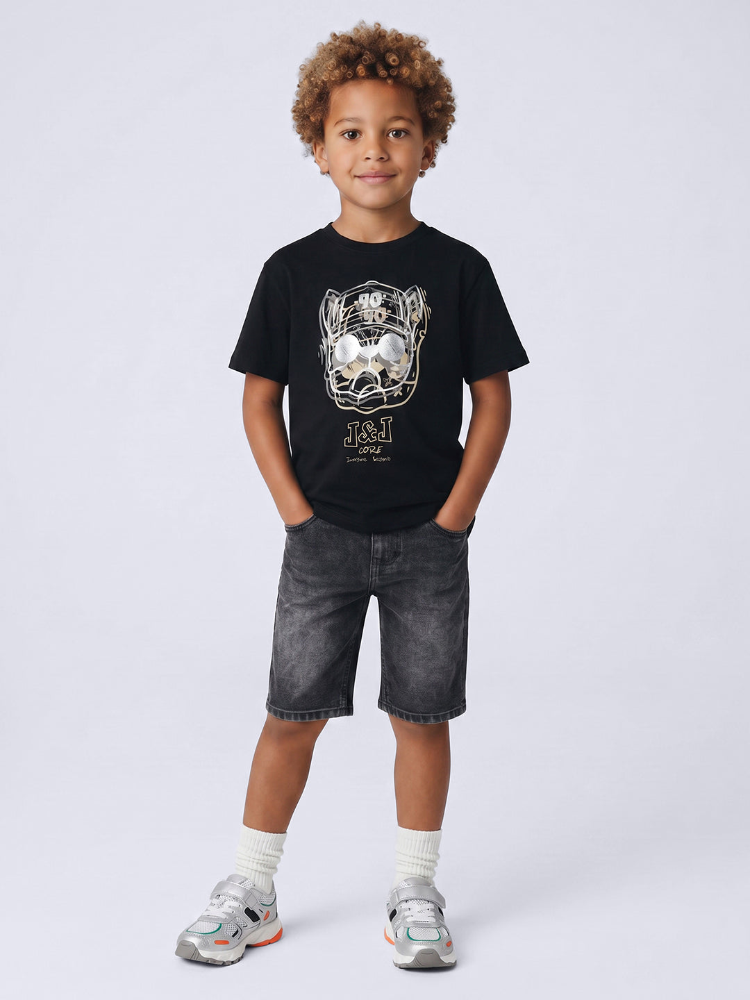 Foil Print Cotton T-Shirt for Boys Jet Black