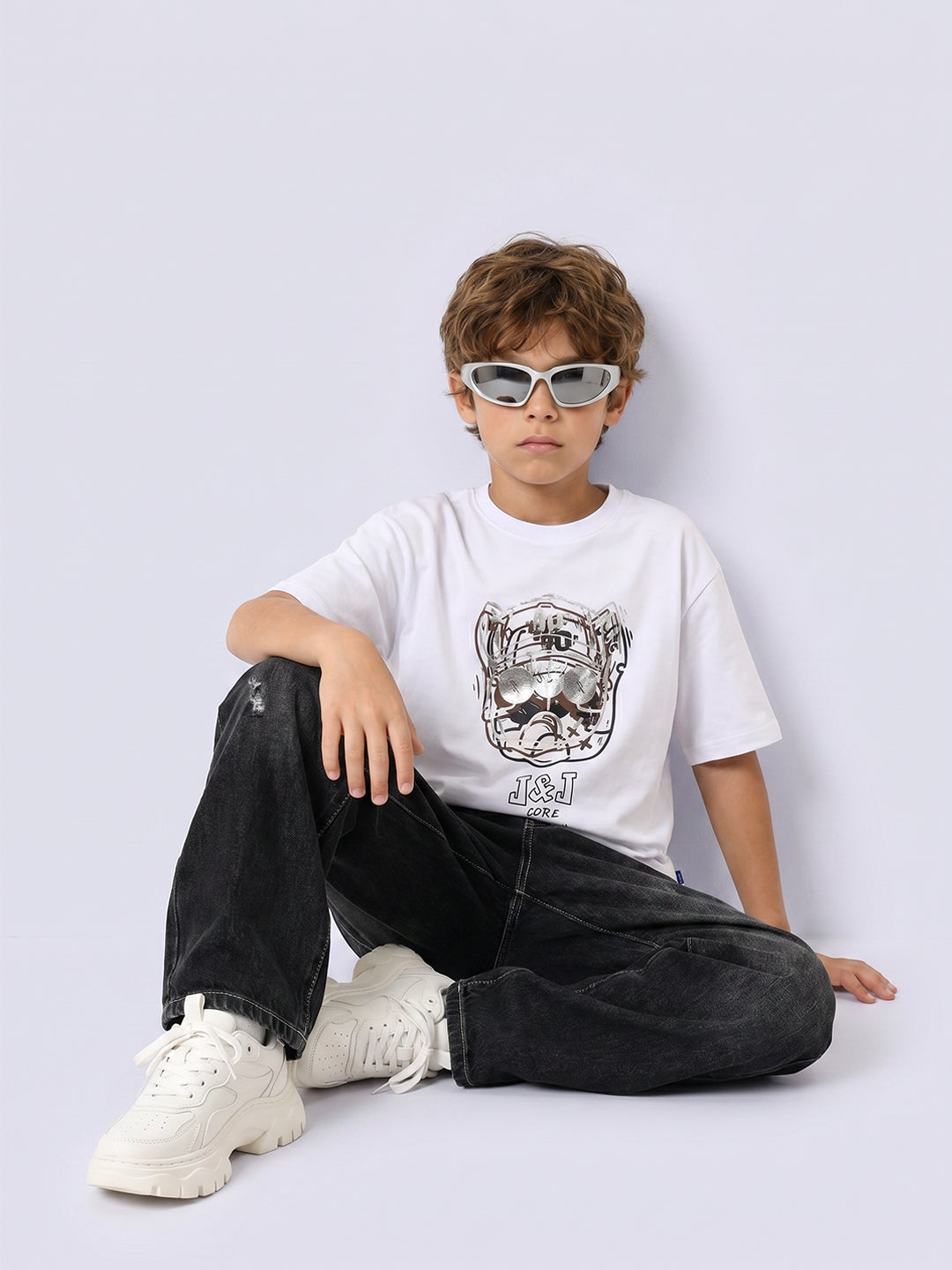 Foil Print Cotton T-Shirt for Boys Bright White