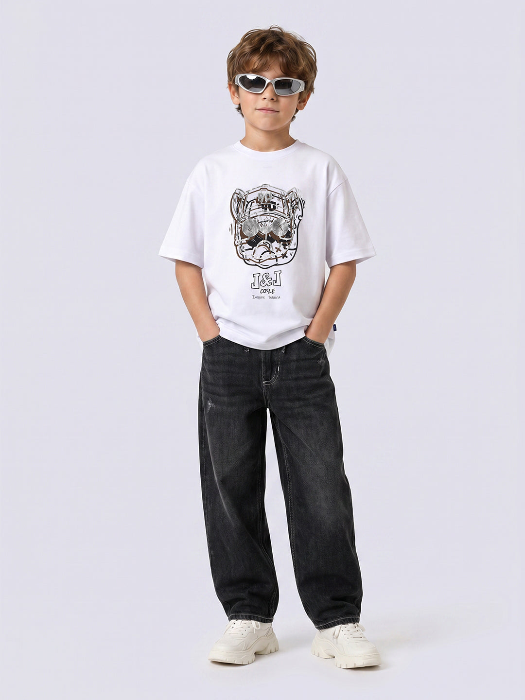 Foil Print Cotton T-Shirt for Boys Bright White