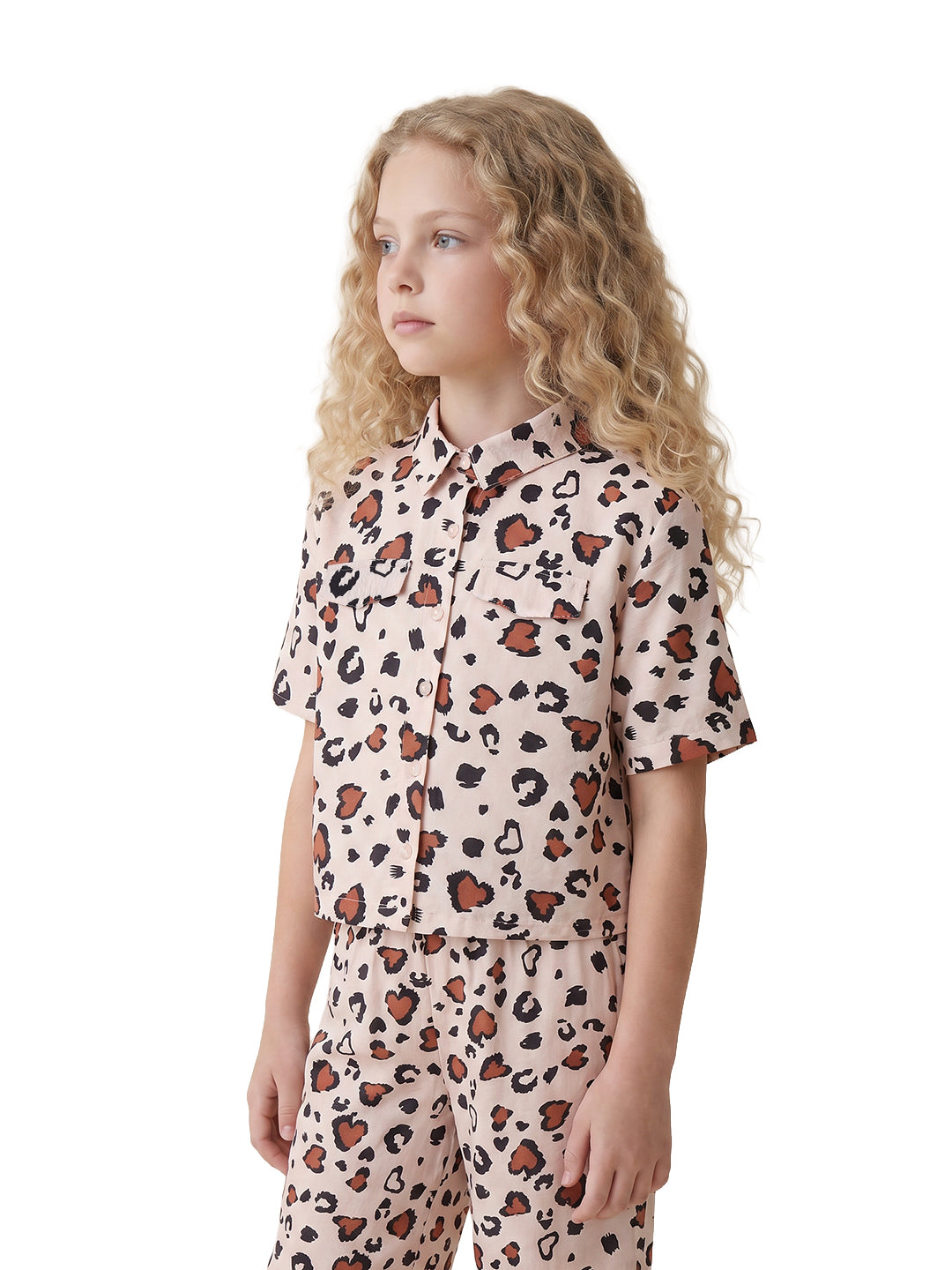 Girls Ecru Abstract Regular-Fit Viscose Blend Shirt