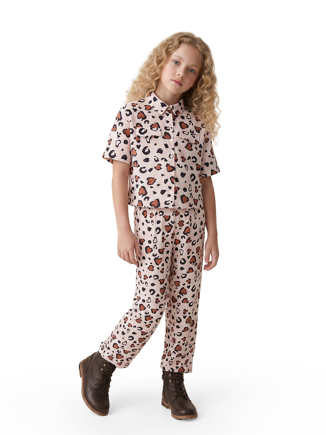 Girls Ecru Abstract Regular-Fit Viscose Blend Shirt