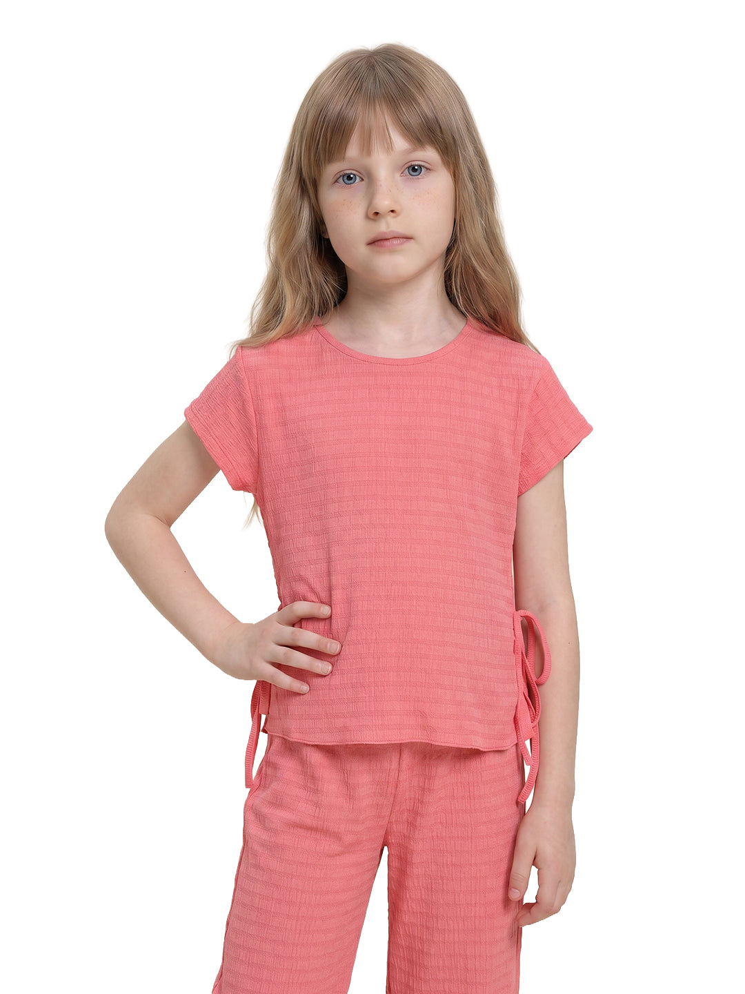 Girls Coral Striped Regular-Fit Polyester Sleeveless Top