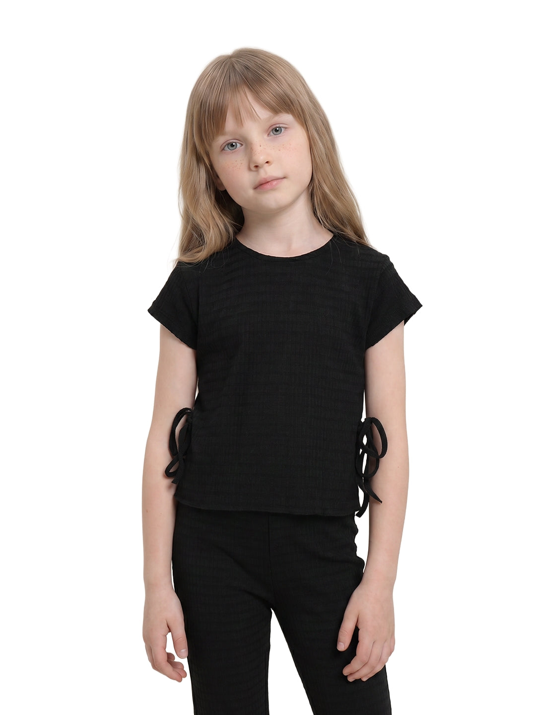 Girls Black Striped Regular-Fit Polyester Sleeveless Top
