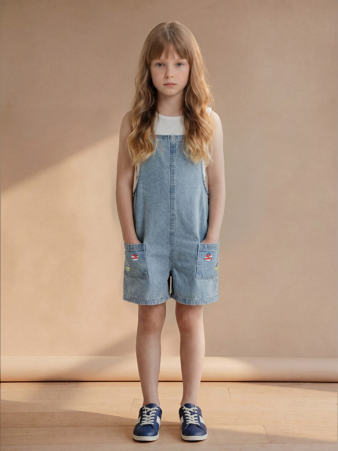 Girls Medium Blue Denim Casual Jumpsuit