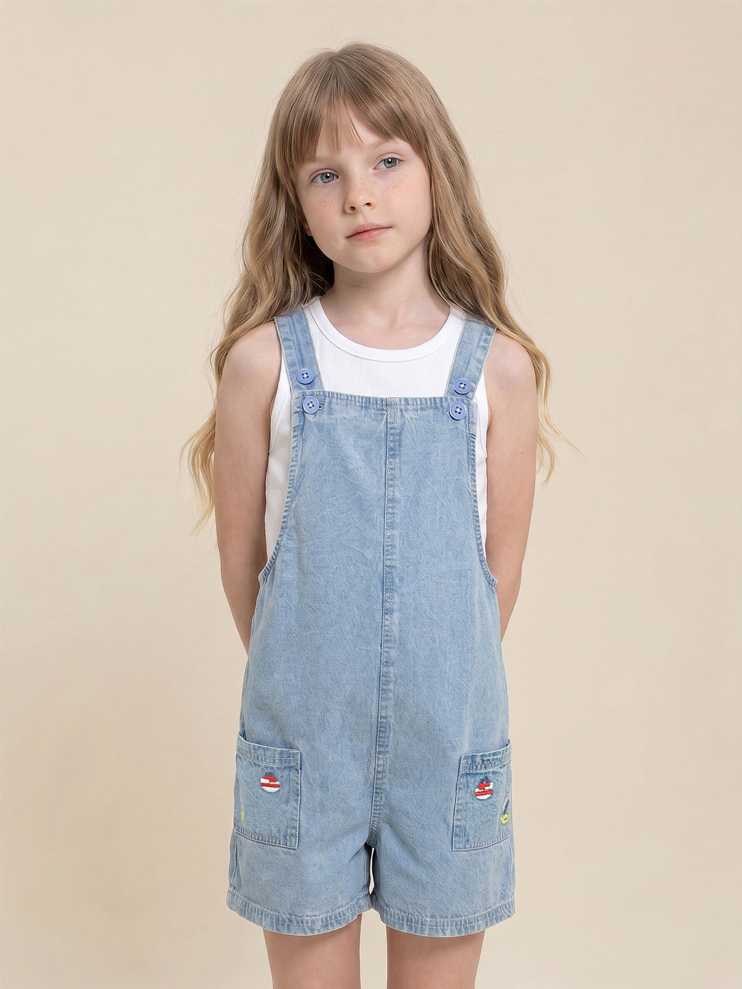 Girls Medium Blue Denim Casual Jumpsuit