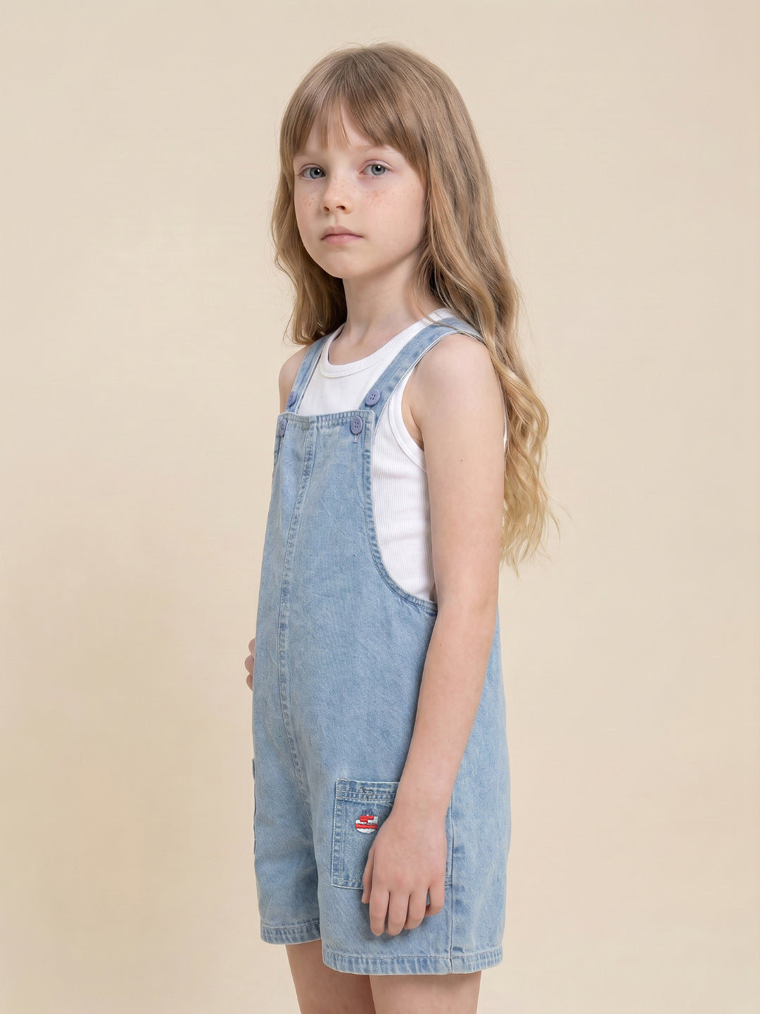 Girls Medium Blue Denim Casual Jumpsuit