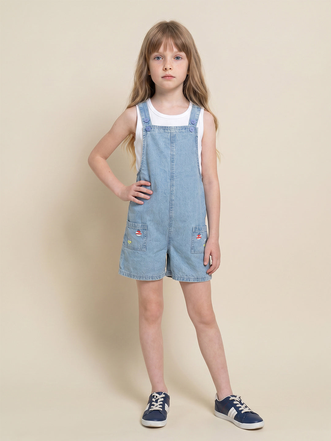 Girls Medium Blue Denim Casual Jumpsuit