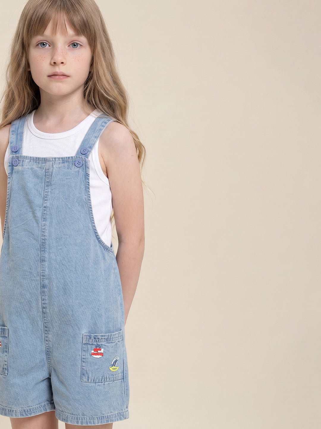 Girls Medium Blue Denim Casual Jumpsuit