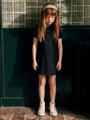 Girls Jet Black Solid Regular-Fit Cotton Blend Polo Dress