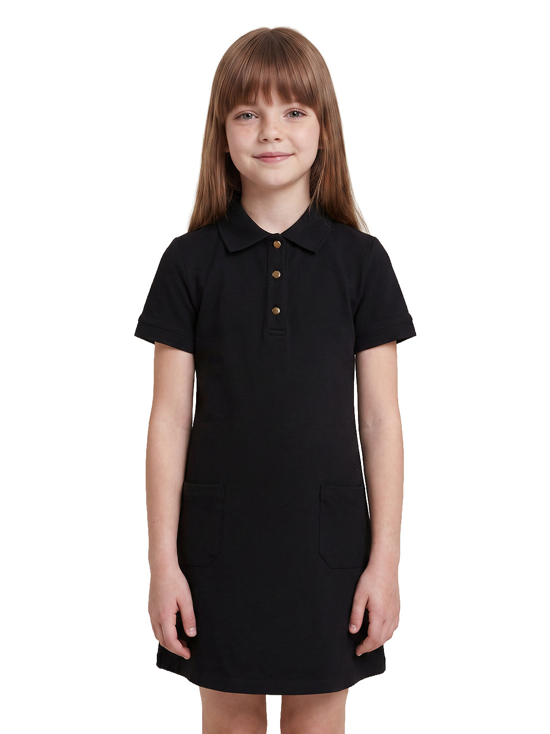 Girls Jet Black Solid Regular-Fit Cotton Blend Polo Dress