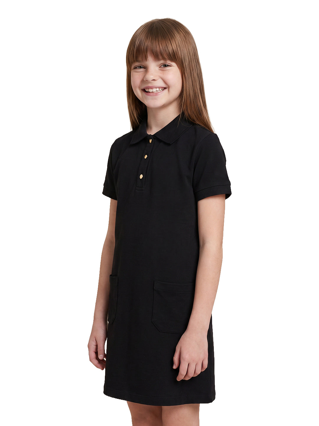 Girls Jet Black Solid Regular-Fit Cotton Blend Polo Dress