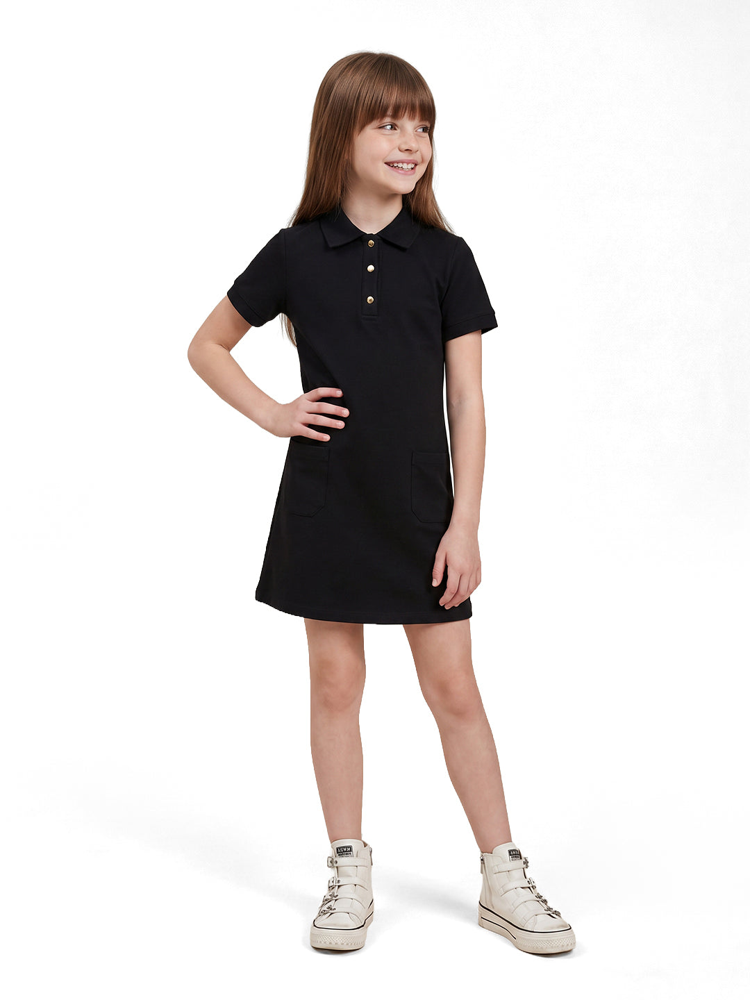 Girls Jet Black Solid Regular-Fit Cotton Blend Polo Dress