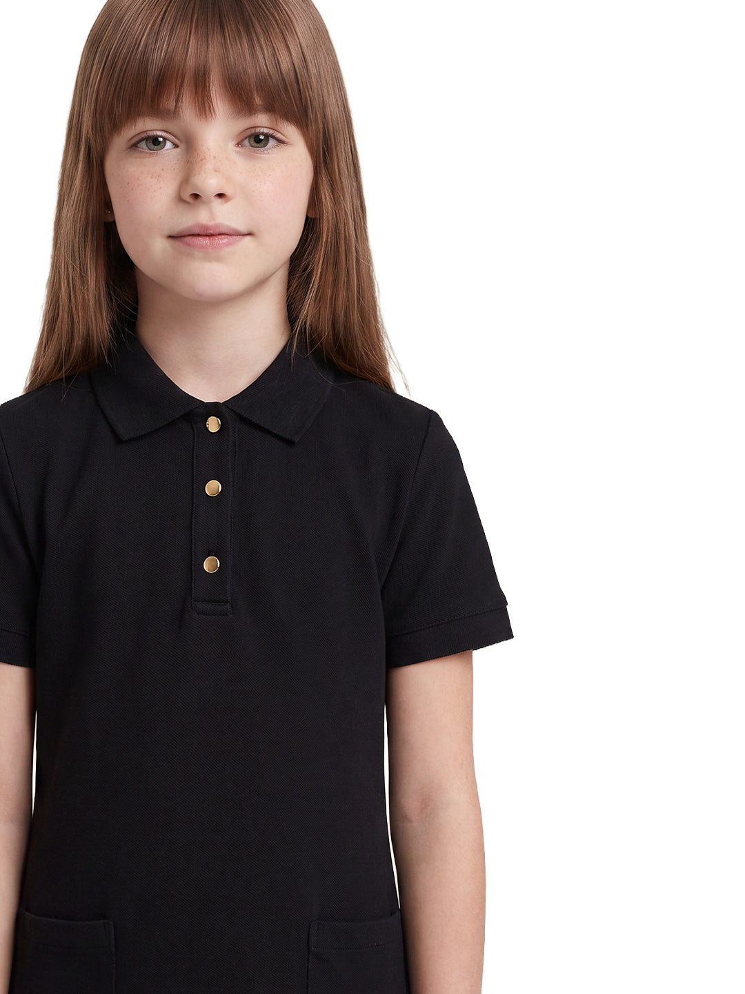 Girls Jet Black Solid Regular-Fit Cotton Blend Polo Dress